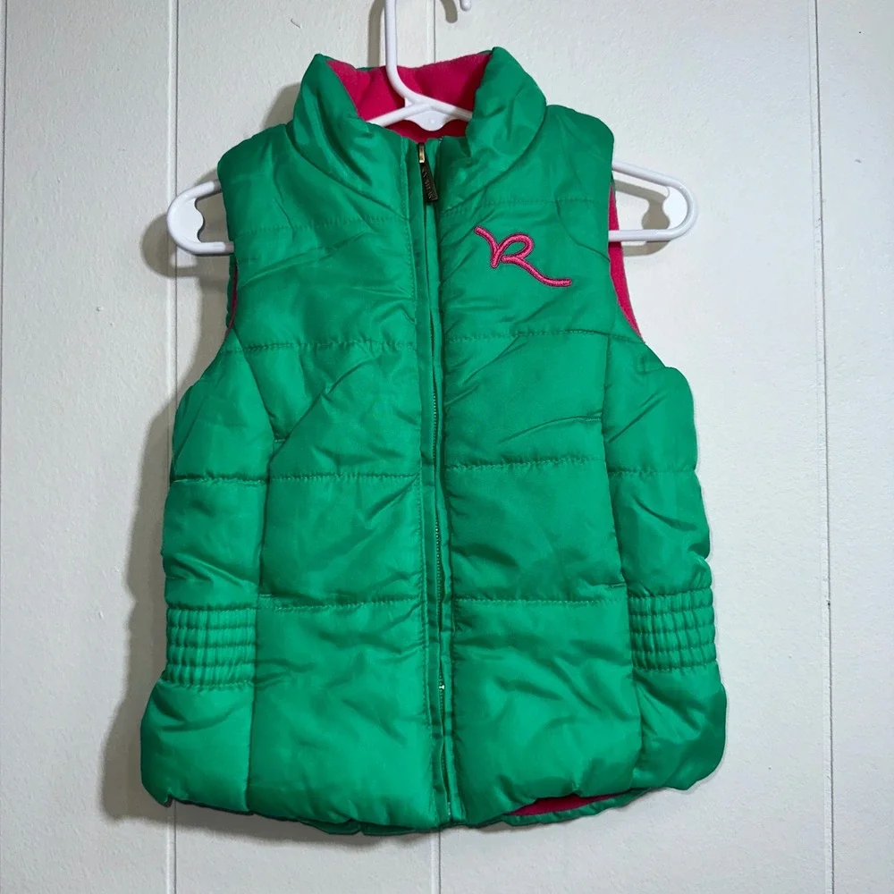 Rocawear Girls‎ Green Puffer Vest Pink Fleece Lining 3T Quilted Zip Up Mock Neck